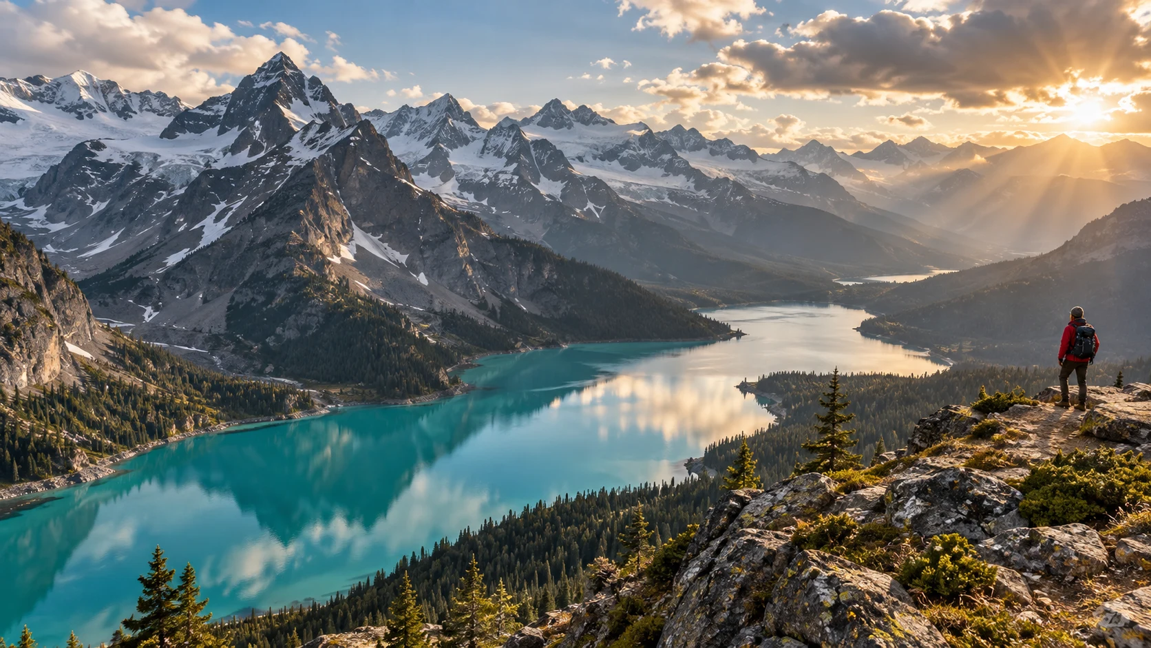 Sunset over an alpine lake