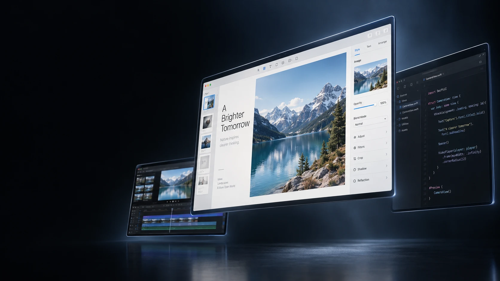 A spacious arrangement of three virtual Mac displays, with a design document, code and video editing at different depths
